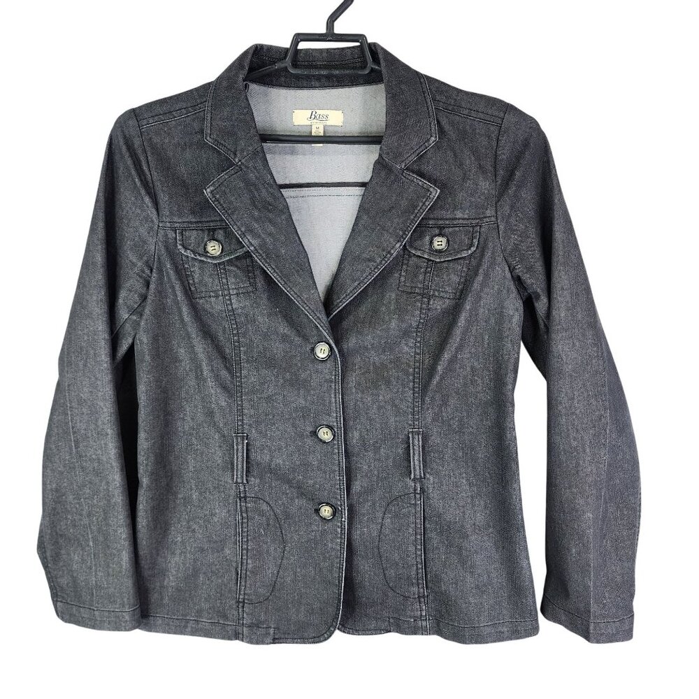 Womens Gray Bass Denim Blazer Jacket 3 Button Down Long Sleeve Size M